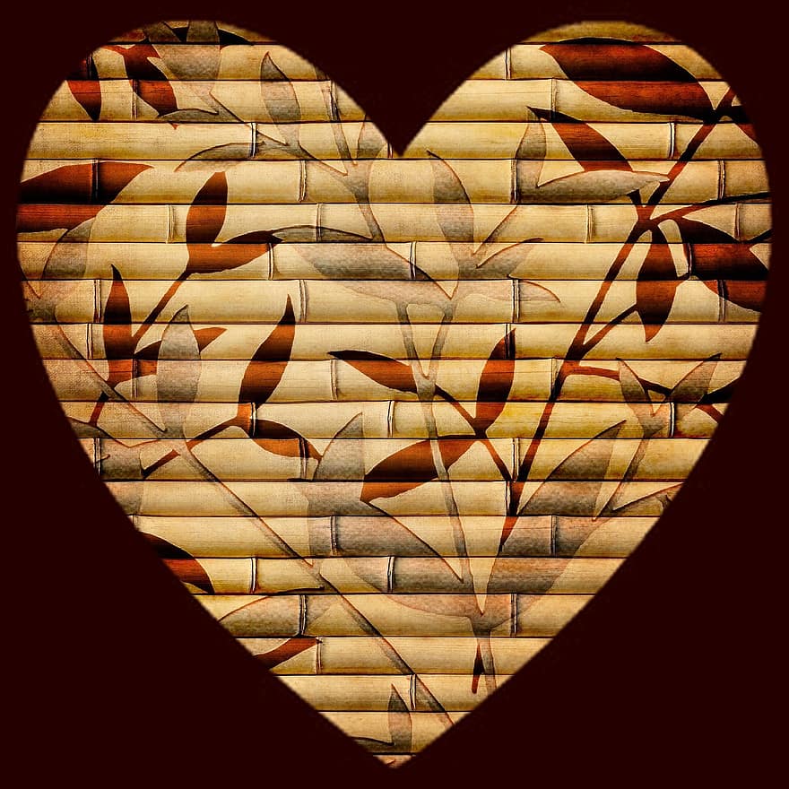 hjerte, bambus, blade, efterår, mønster, struktur, ramme, grænse, hilsen, kort, postkort