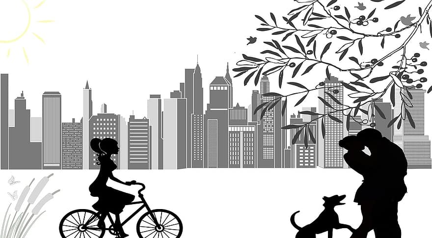 stad, utkanten av staden, återhämtning, par, kärlek, hund, cykel, cyklist, träd, horisont, silhuett
