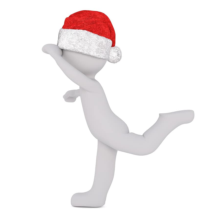 baltas vyras, 3D modelis, izoliuotas, 3d, modelis, Viso kūno, balta, santa skrybėlę, Kalėdos, 3d santa skrybėlę, šokis