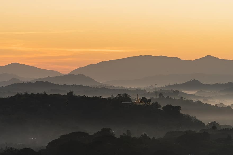 góry, wschód słońca, Myanmar, krajobraz, Natura