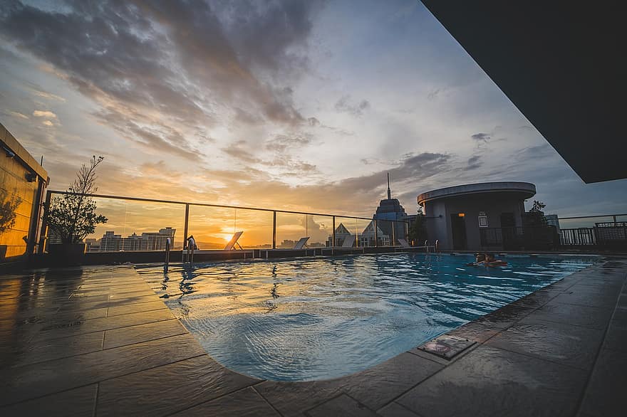 Swimming Pool, City, Sunset, Building, Pool, architecture, dusk, water, reflection, summer, building exterior