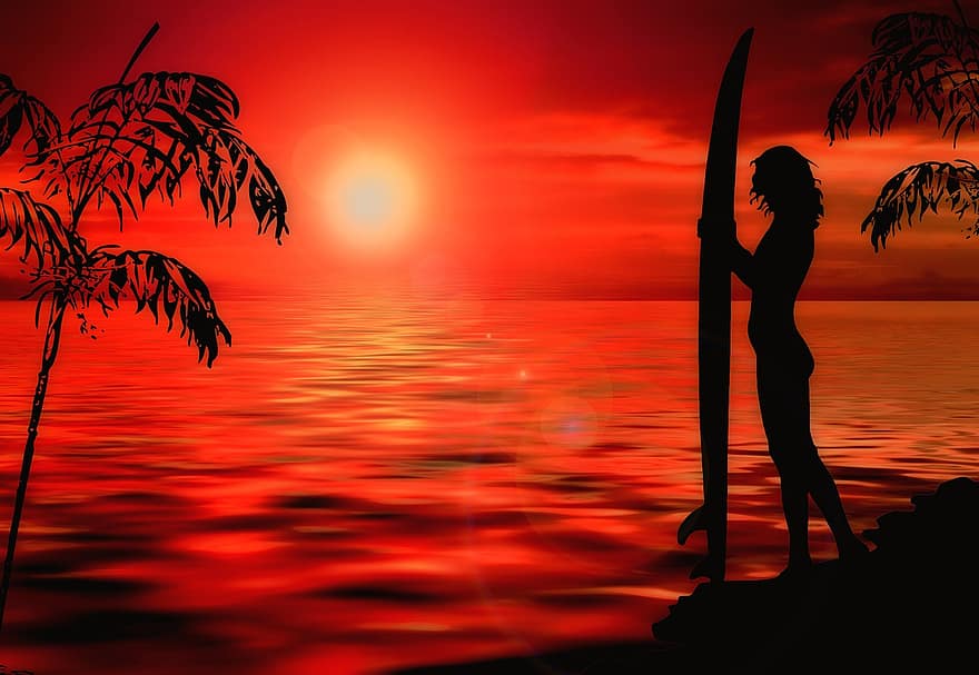 solnedgang, surfer, surrealistisk, strand, surf, ocean, hav, surfing, vand, ferie, sport