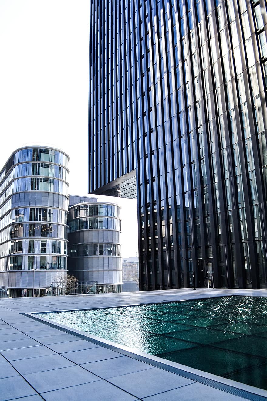 Düsseldorf, architectuur, mediahaven, gebouw, modern, wolkenkrabber, stad, kantoorgebouw, glas, venster