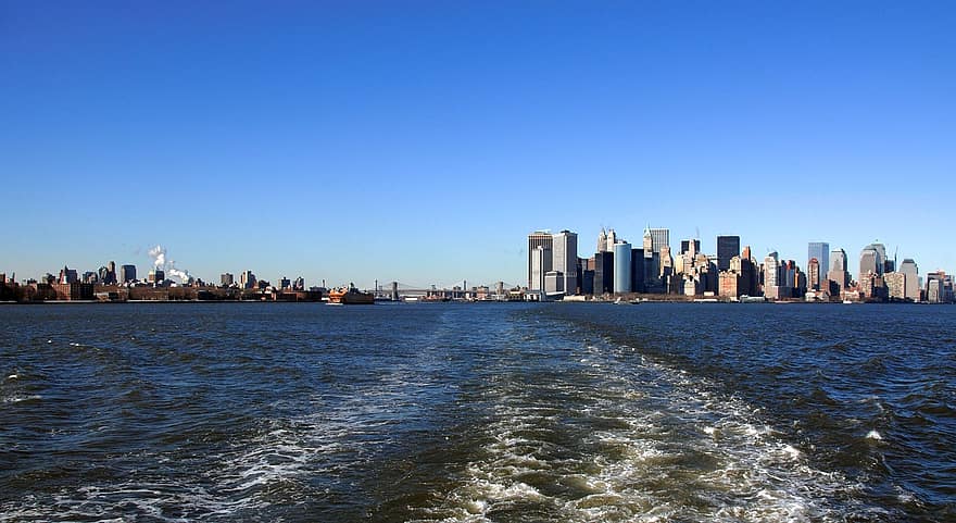 new york, rejse, turisme, Amerika, Manhattan, New York Bay, skyskraber, bybilledet, vand, by skyline, bygning udvendig