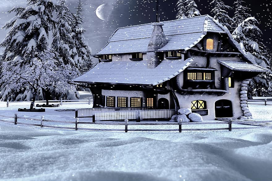 hytte, hus, trær, skog, snø, snøstorm, jul, vinter, natur, ferie, feiring