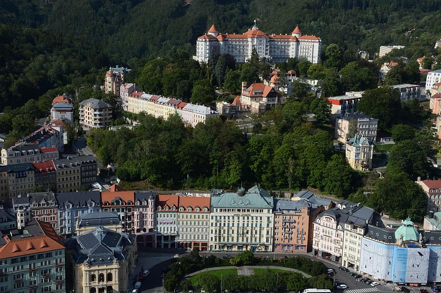 チェコ共和国、カルロヴィは異なる、シティ、建物、空撮、都市、タウン、観光