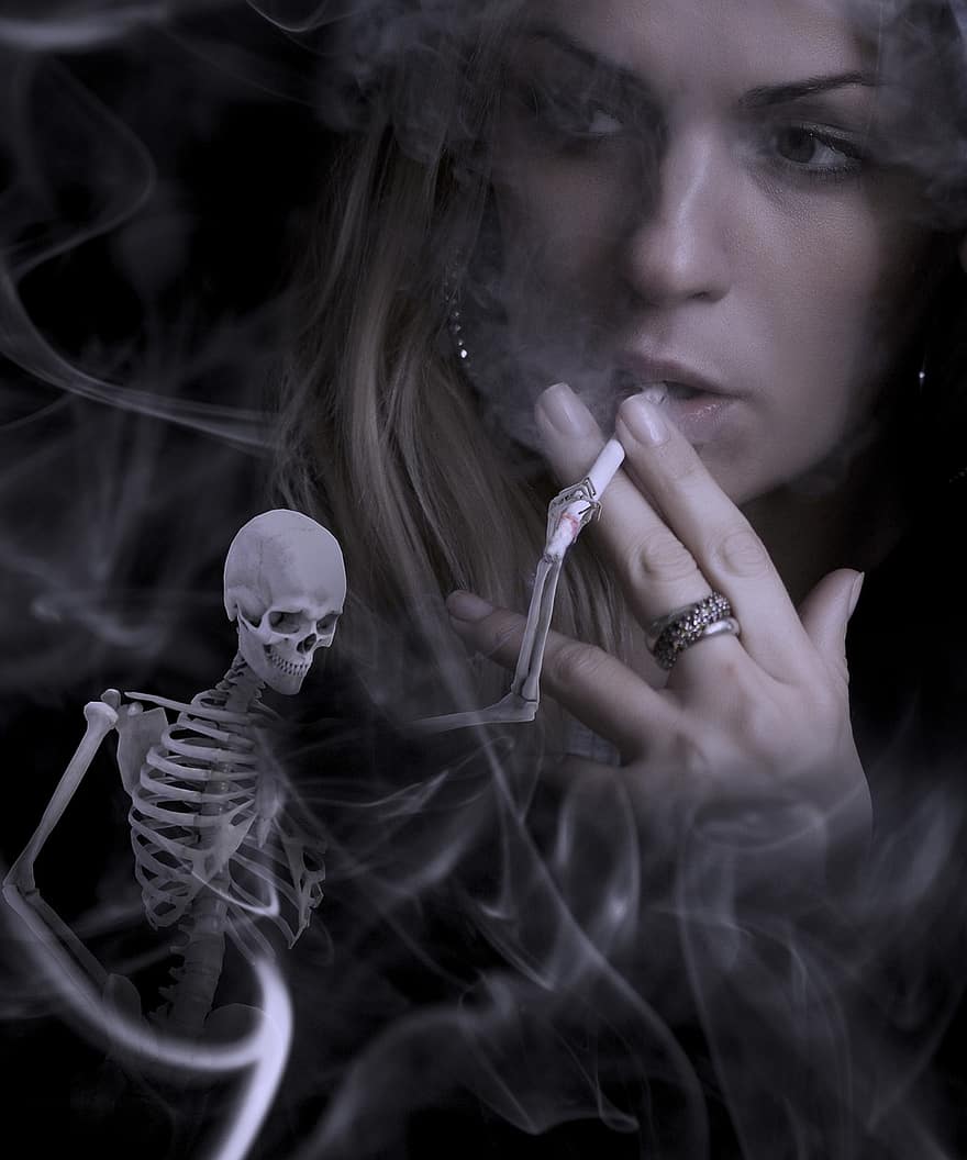 kvinna, rökning, skelett, cigarett, tobak, rök, aska, vana, missbruk, aning, begrepp