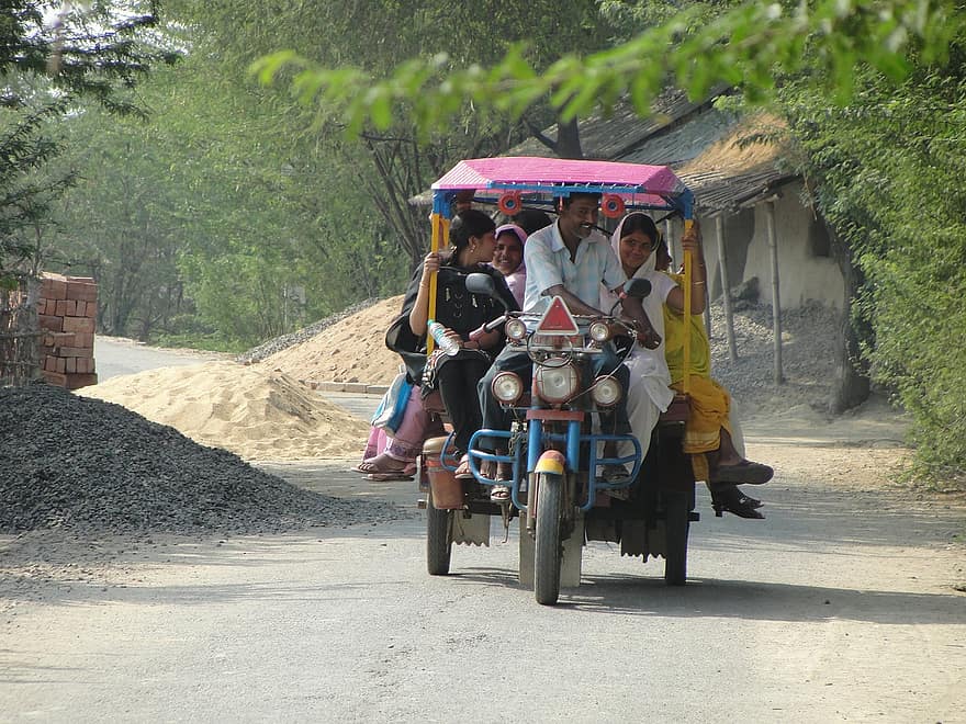 авто рикша, транспорт, Индия, пътуване, мотоциклет, пренаселено, черен път, път, превозно средство