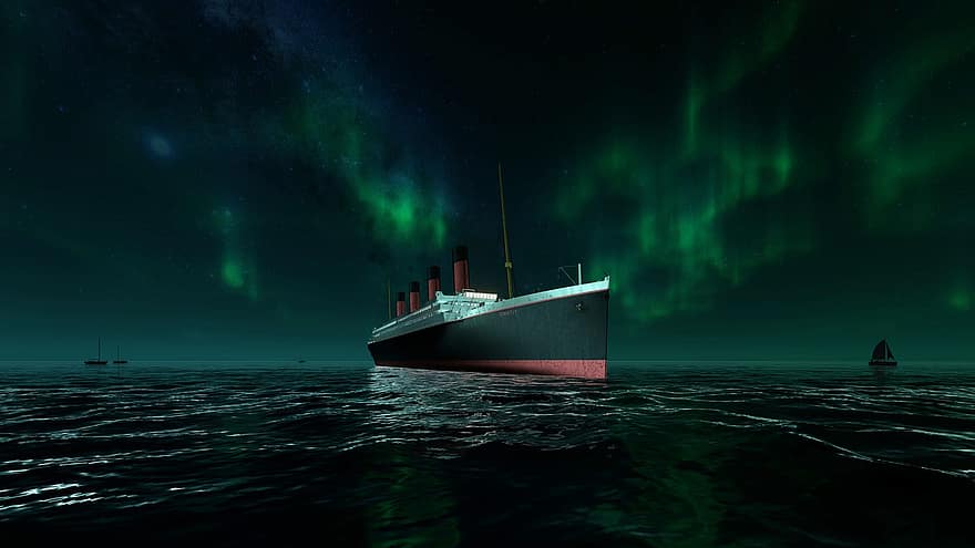 кораб, море, нощ, океан, круиз, пътуване, транспорт, вода, хоризонт, полярно сияние, полярни светлини
