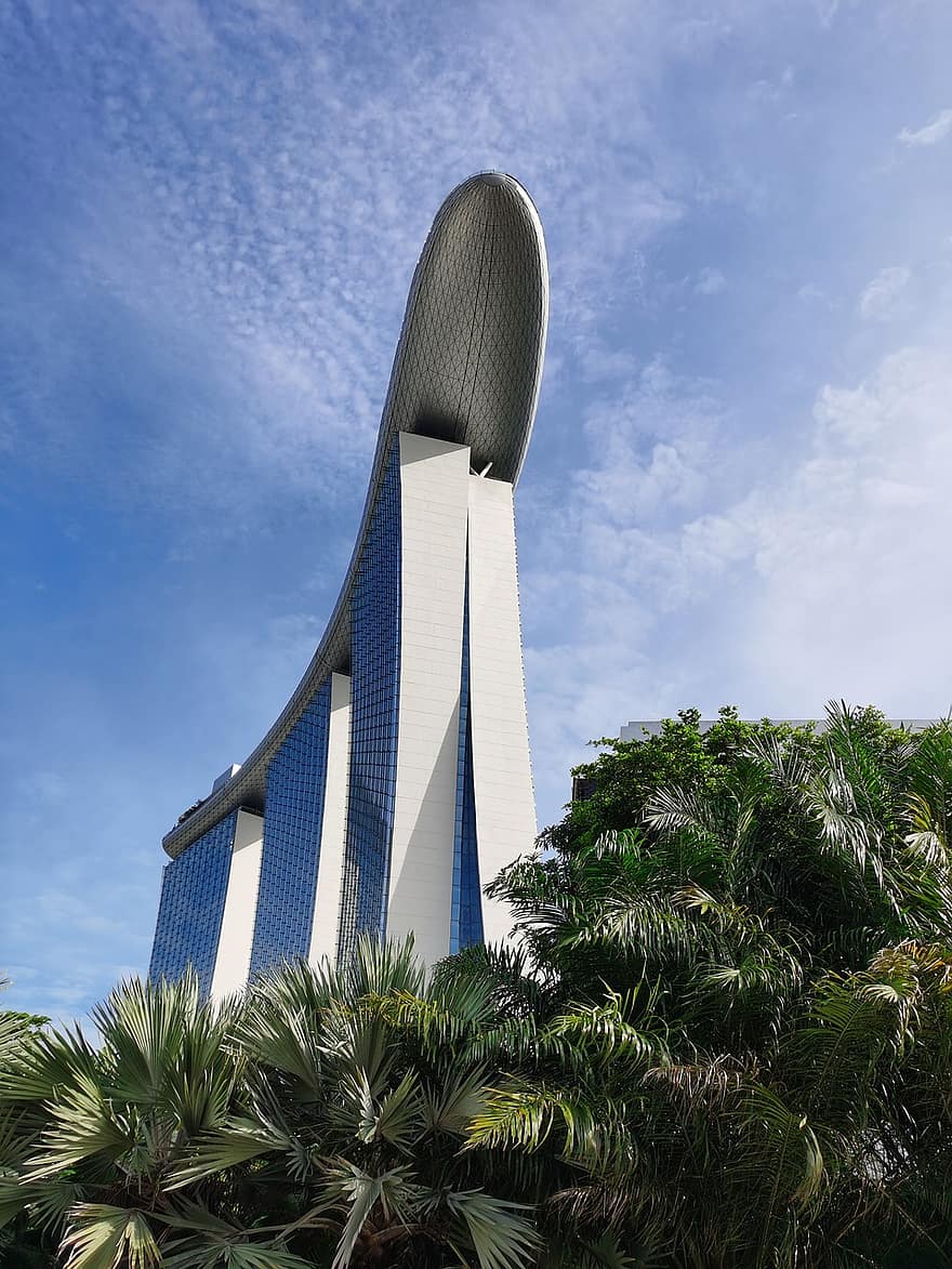 Marina Bay Sands, Singapur, edifici, marina bay, gratacels, arquitectura, arbres, ciutat, exterior de l'edifici, blau, estructura construïda
