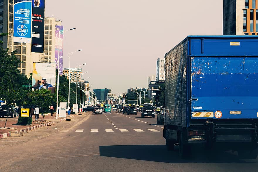 stad, bilar, väg, gata, urban, resa, kör, Congo Boulevard30juin Soleil, kongo, afrika, transport