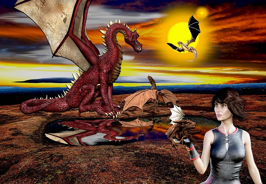 Dragons, Dragon Queen, Fantasy, Science Fiction, Mystery, illustration, dragon, reptile, sunset, futuristic, danger