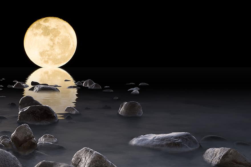 луна, воды, камни, камень, отражение, горизонт, ночь, шаблон, перспективы, волны, море