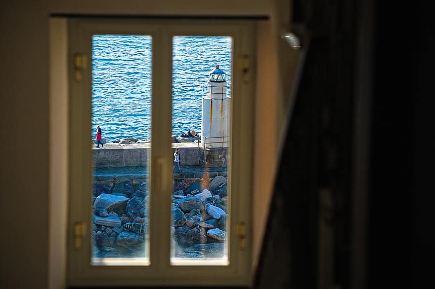 窓、桟橋、灯台、見る、カモーリ、レコ、リグーリア、ジェノア