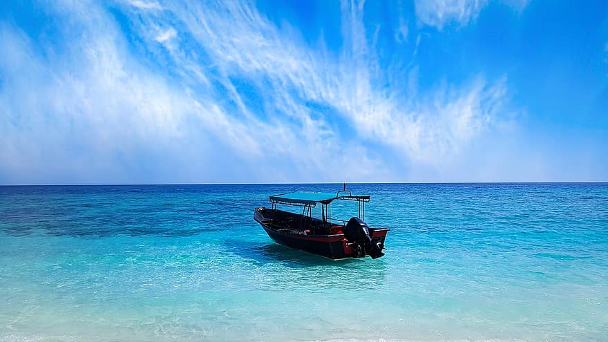 Boot, Strand, Abenteuer, Ozean, Meer, Natur, Insel, Landschaft, Reise, Lang Tengah, Sommer-