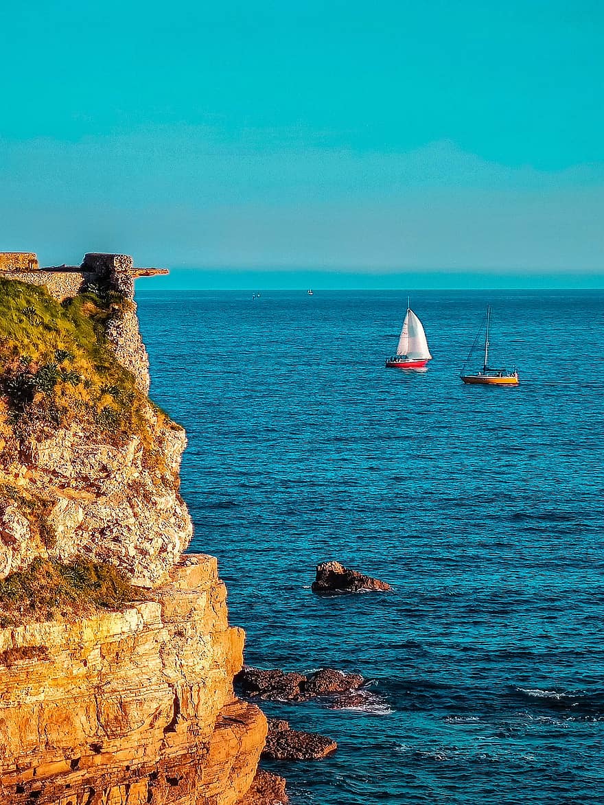 klippe, hav, natur, Gijón, Spania, vann, kystlinje, nautisk fartøy, sommer, seiling, reise