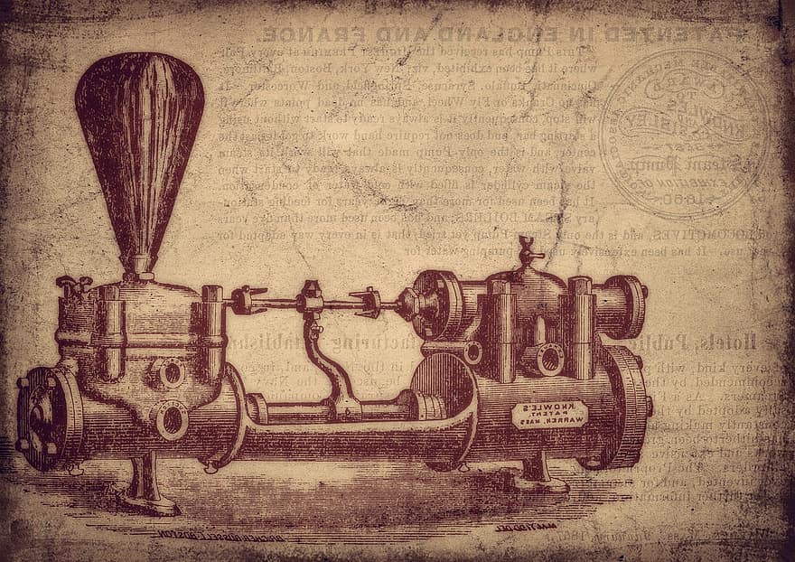 årgang, vandpumpe, maskine, opfindelse, patent, gammel, Knowles, damp, damp maskine, udvikling, design