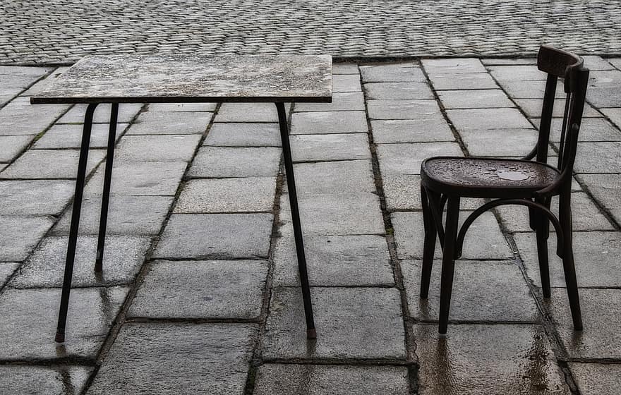 椅子、テーブル、寂しい、放棄された、孤独、木材、古い、無人、シート、フローリング、金属