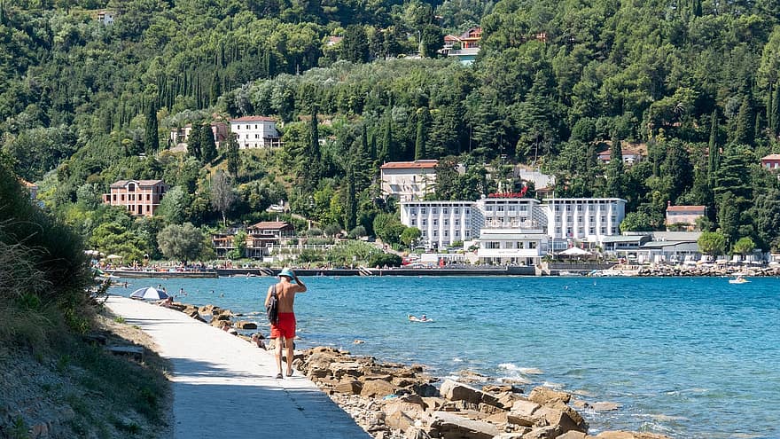 spiaggia, Piran, slovenia, mare, costa, isola, estate, viaggio, acqua, vacanze, turista