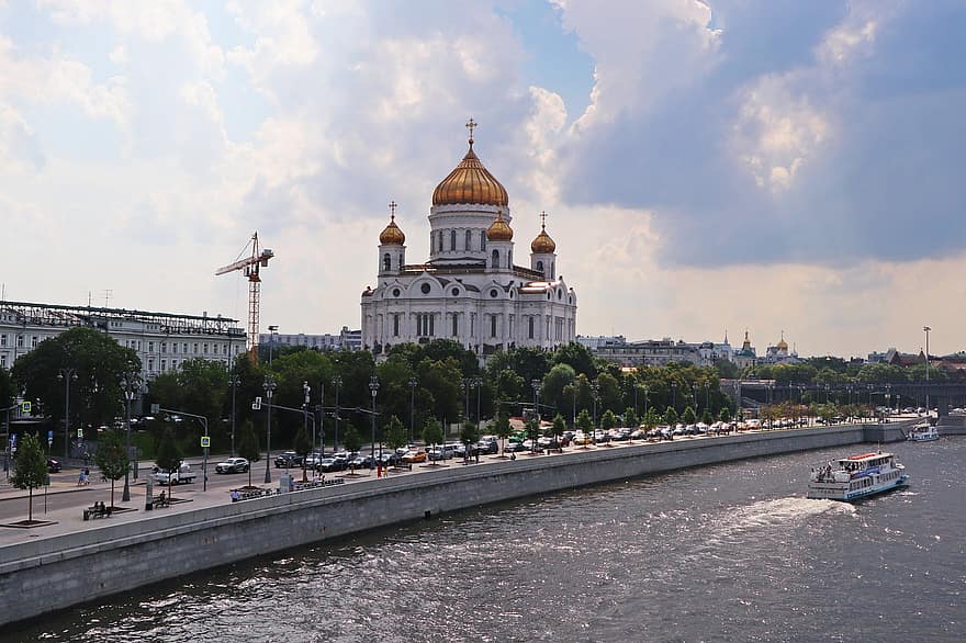 Moscou, temple, Christ, Sauveur, rivière, religion, christianisme, spectacle, ciel, dôme, cathédrale