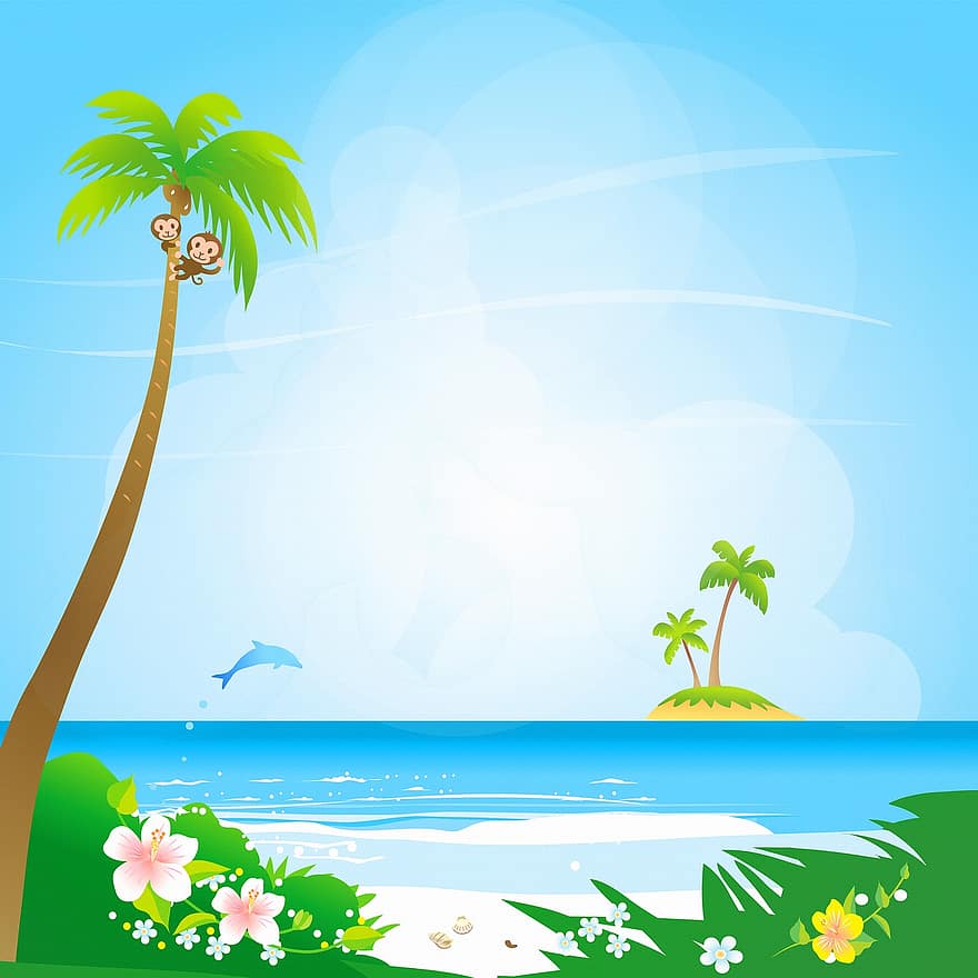 Paesaggio della spiaggia, mare, palme, delfino, scimmie, isola, spiaggia, scenario, oceano, acqua, paesaggio