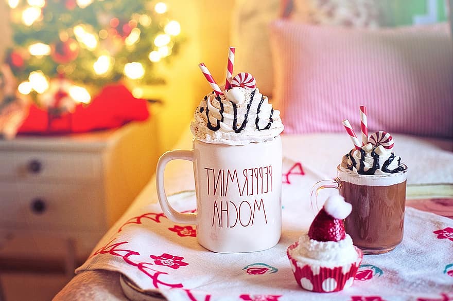 drikkevarer, varm chokolade, varm kakao, behandle, jul, soveværelse, krus, morgenmad, hyggelig, varm kokos, morgen