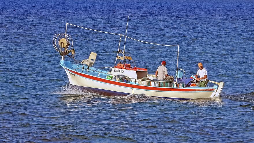 halászat, ayia napa, tenger, halászok, halászhajó, délután, halászati ​​idő