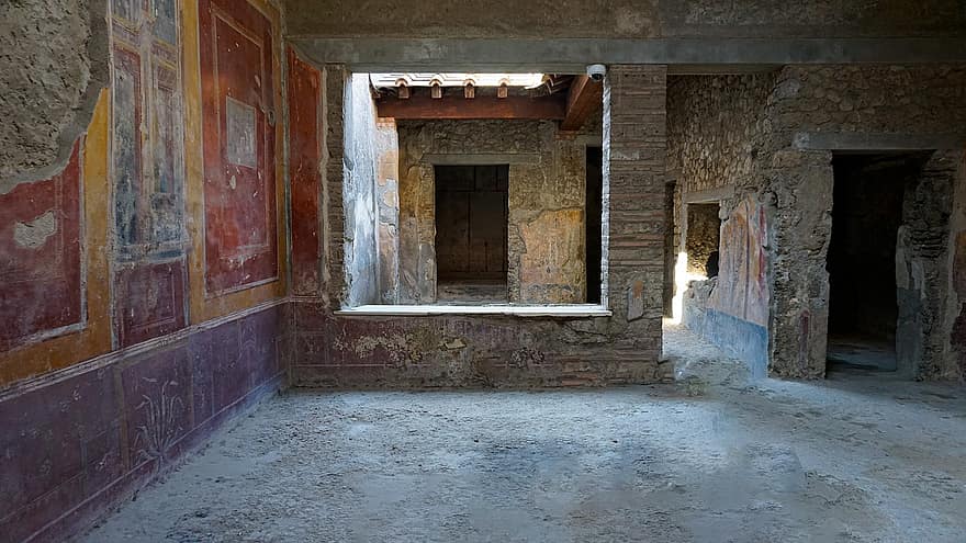 خراب ، بومبي ، إيطاليا ، علم الآثار ، معالم المدينة ، مكان اليسار ، لوحة جدارية ، دهان الحائط ، هندسة معمارية ، قديم ، في الداخل