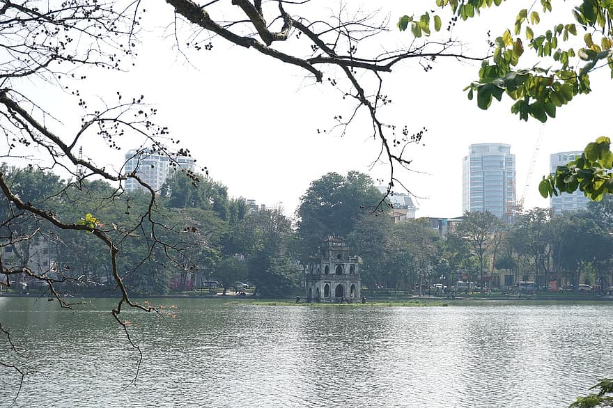 sköldpadda tornet, svärd sjö, hanoi, vietnam, sjö, historisk, parkera, byggnader, stad, urban, löv