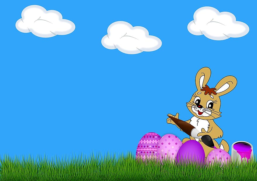 Easter, Egg, Grass, Clouds, Easter Bunny, Brush, Color, Paint, Happy Easter, Background, Colorful
