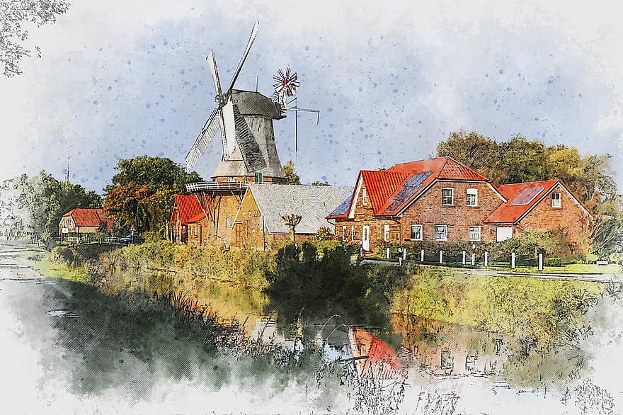 Windmühle, Landschaft, Mühle, Ostfriesland, Himmel, Urlaube, Stimmung, wunderschönen, Flügel, historische Erhaltung, schleifen