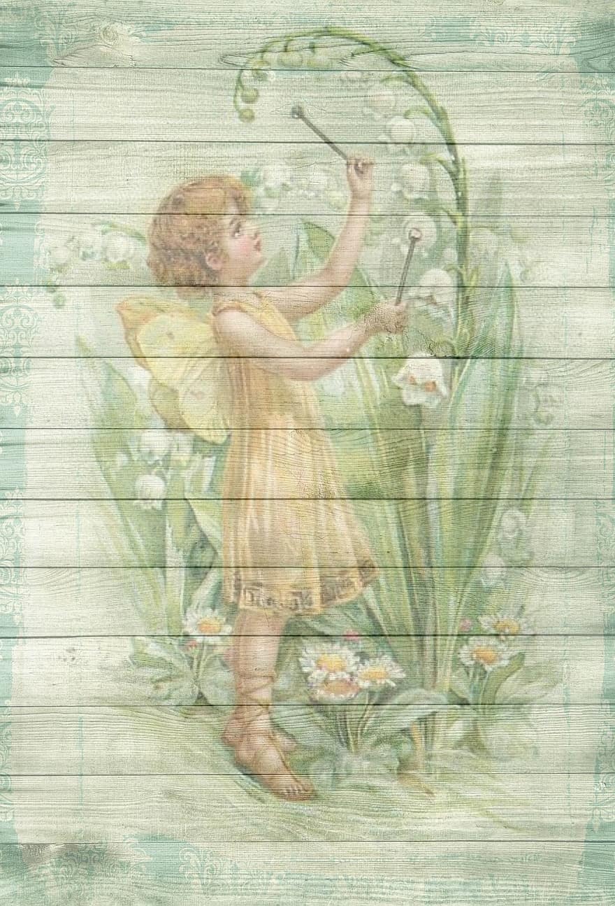 On Wood, Paneling, Vintage, Spring, Child, Lily Of The Valley, Wall Boards, Wooden Structure, Greeting Card, Playful, Collage