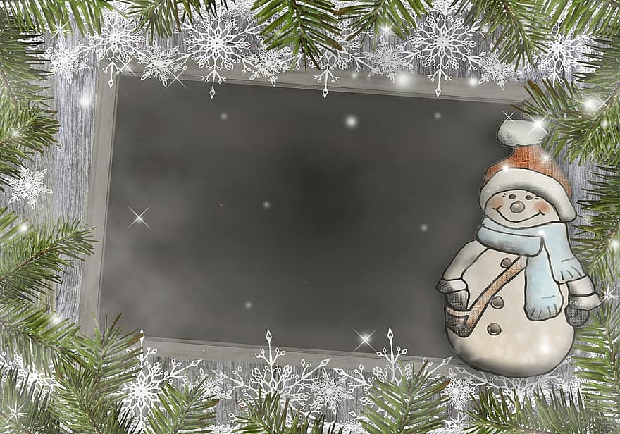 boneco de neve, Natal, abeto verde, Tannenzweig, borda, flocos de neve, quadro, Armação, boné, vermelho, dia de Ano Novo, cartão