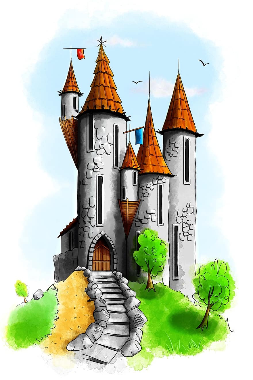 slott, torn, himmel, arkitektur, flagga, strukturera, hus, berättelse, illustration, historia, gammal