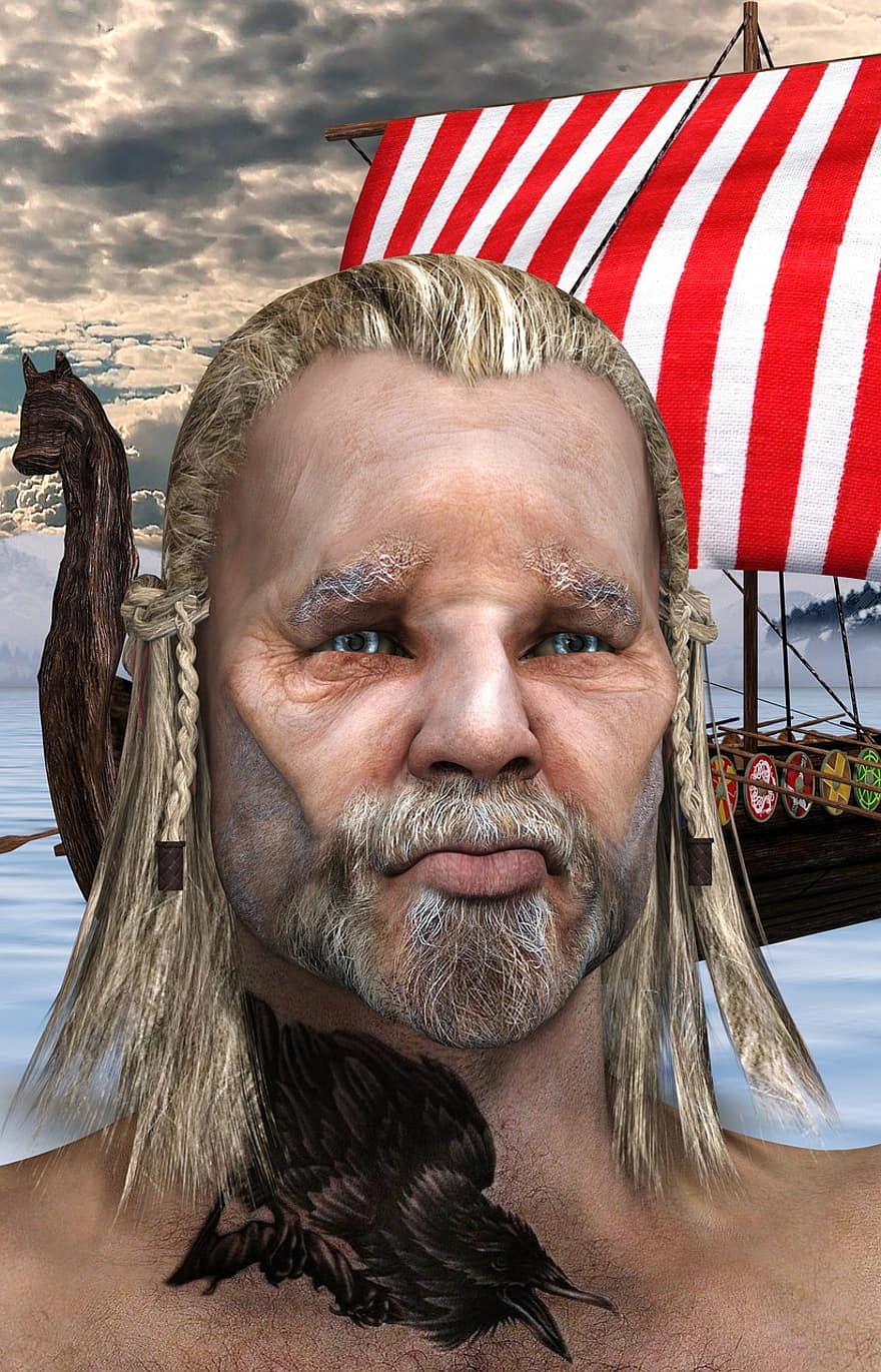 viking, nordmann, tatuagem, navio, céu