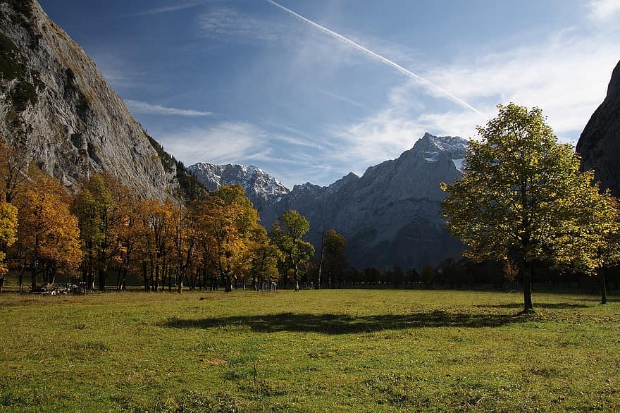 планини, ливада, дървета, гора, Karwendel, eng alm, ahornboden, алпийски, пейзаж, природа, Австрия