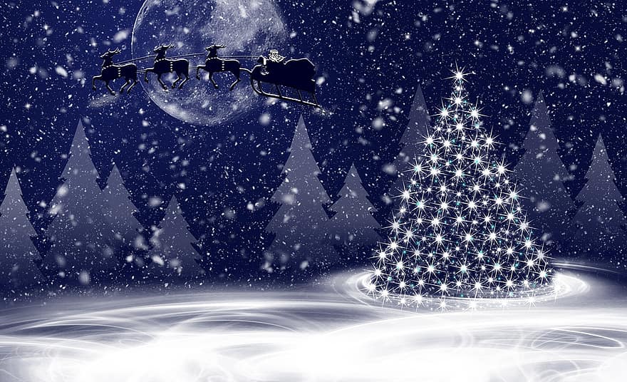 motivo natalizio, Babbo Natale con le renne, Luna, foresta invernale, vigilia di Natale, la neve, abeti, slitta di natale, sfondo, Natale, paesaggio innevato