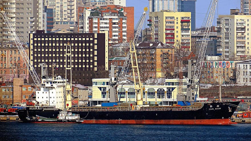 кораб за насипни товари, порт, кей, транспорт, логистиката, море, флота, плавателен съд, Владивосток, градски, пейзаж