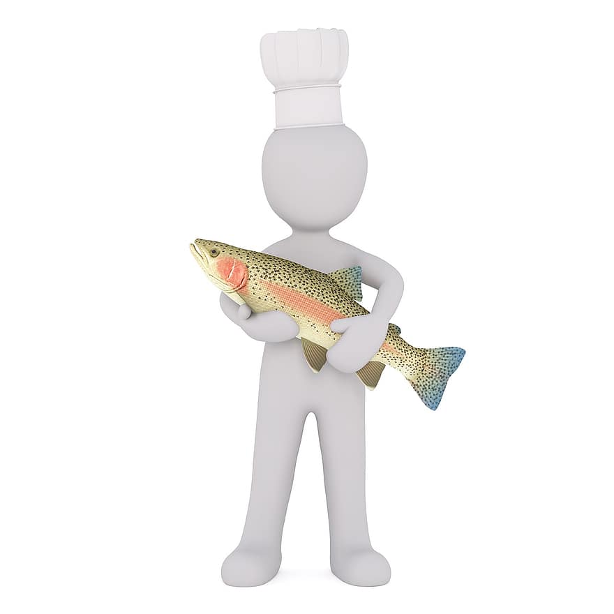 सफेद पुरुष, 3 डी मॉडल, पृथक, 3 डी, नमूना, पूरा शरीर, सफेद, 3 डी आदमी, व्यवसायों, खाना बनाना, मछली