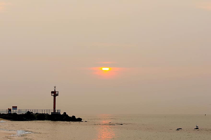 morze, latarnia morska, wschód słońca, plaża, chmury, krajobraz, gangneung, gyeongpodae, gangwon do, Republika Korei