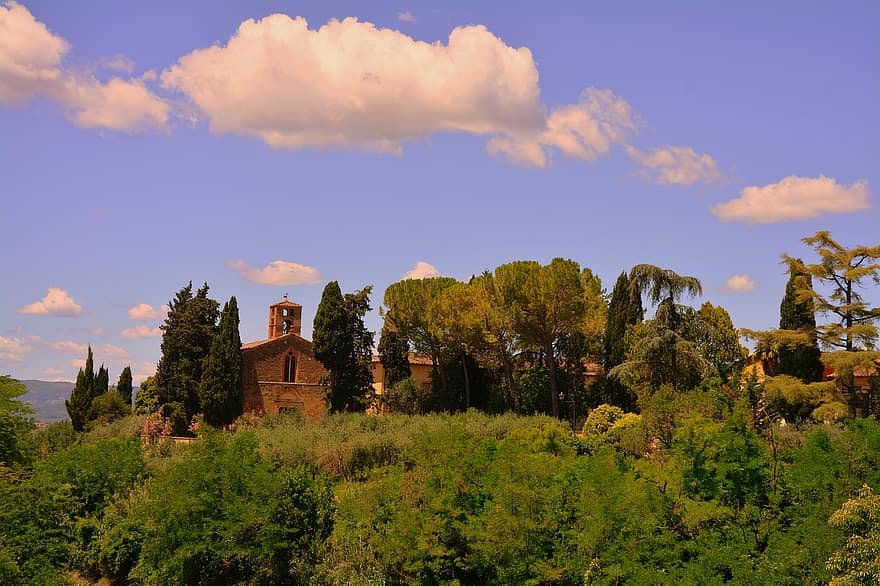 rừng, phong cảnh, nhà thờ, cây, màu xanh lá, những đám mây, bầu trời, Colle di val d'elsa, tuscany, Nước Ý