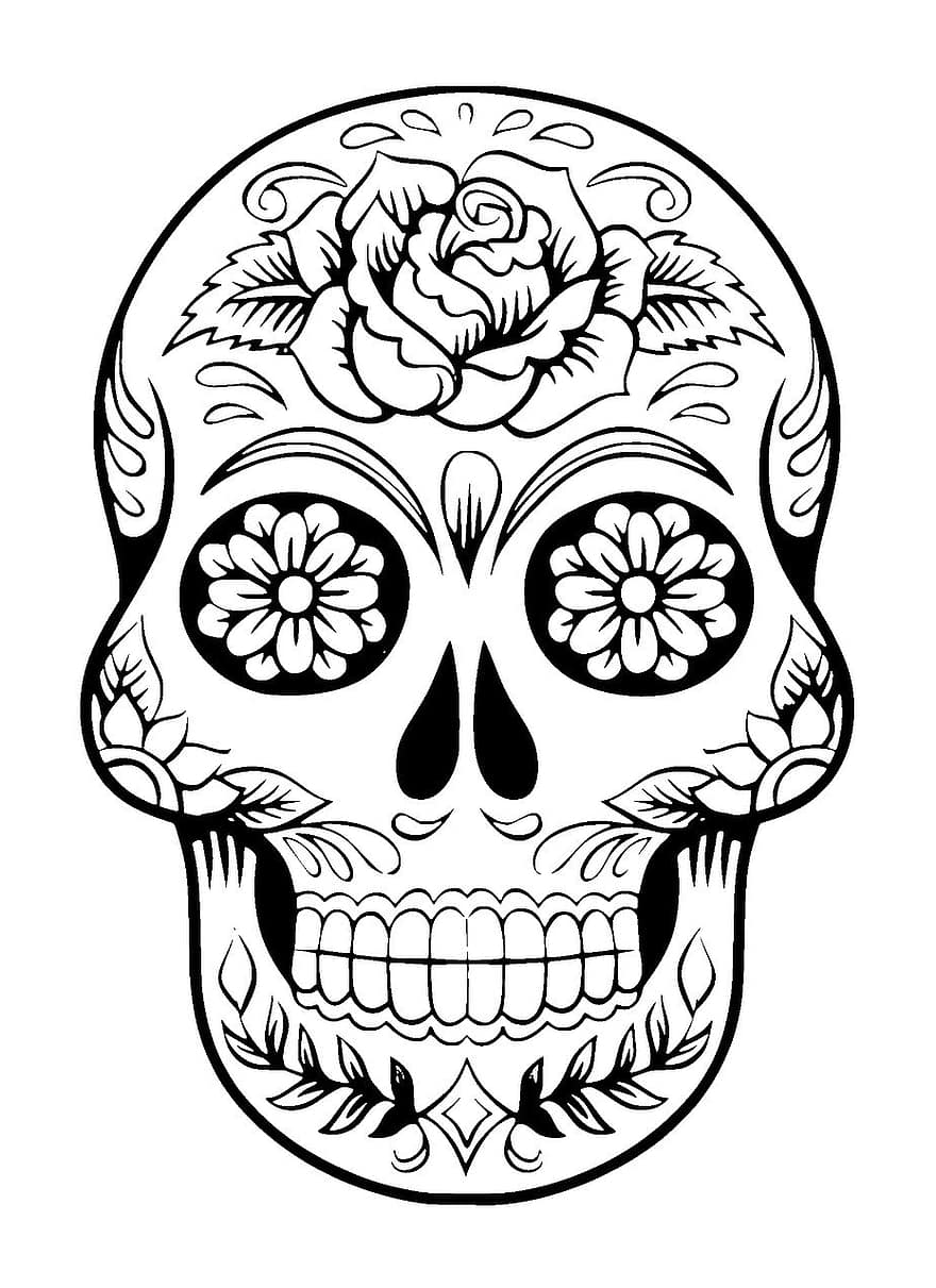 cráneo, cráneo del azúcar, tatuaje, esqueleto, diseño, símbolo, flor, floral, cabeza, de miedo, negro