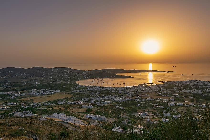 Kreikka, kylä, meri, auringonlasku, rannikko, Paros, saari, Naoussa, Cyclades, portti, kaupunki