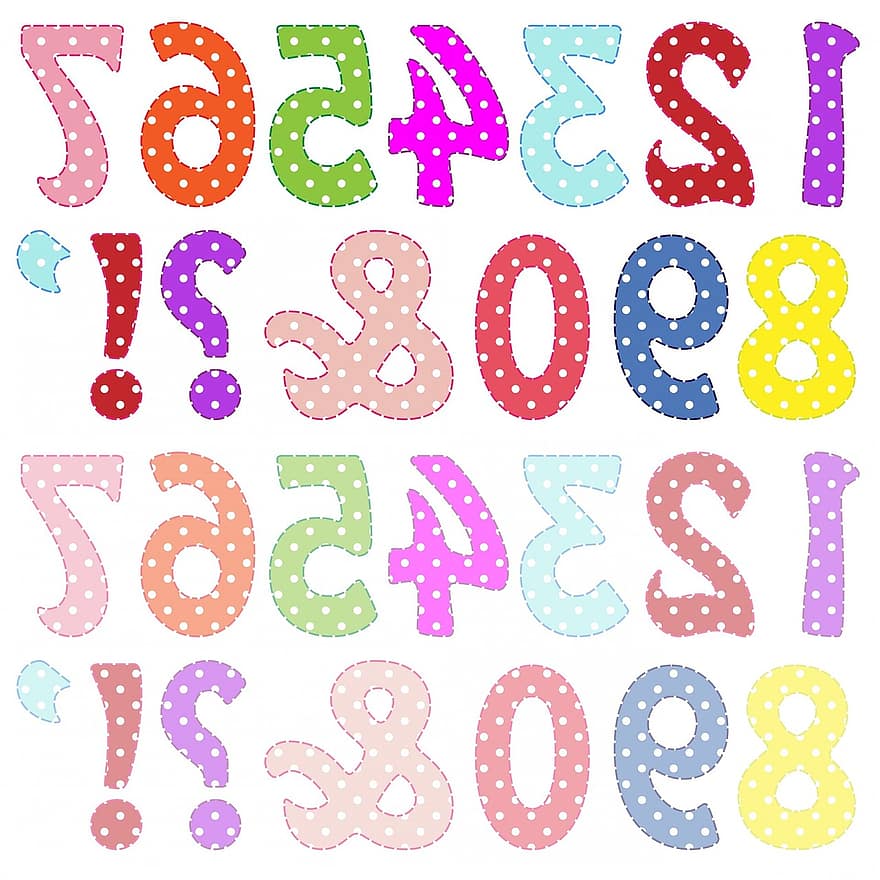 Numbers, Colourful, Polka Dots, Dots, Spots, Figures, White, Background