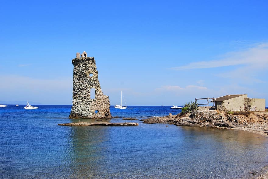 Strand, øy, reise, utforskning, utendørs, mål, hav, landskap, roche, tårn, Korsikansk