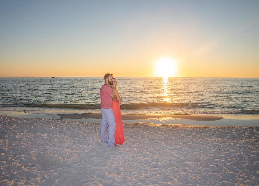 Couple, Beach, Sunset, Man, Woman, Sea, Sand, Waves, Love, Romantic, Water