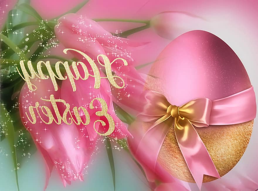 Happy Easter, Easter, Tulips, Pink, Easter Egg, Gold, Ribbon, Design, celebration, decoration, backgrounds