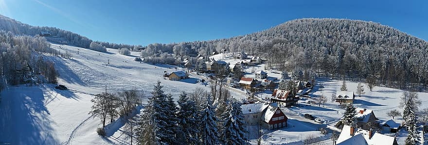 къщи, сняг, село, Валтерсдорф, горната лужица, фина прежда, зима, зимен пейзаж, природа, пейзаж, гора