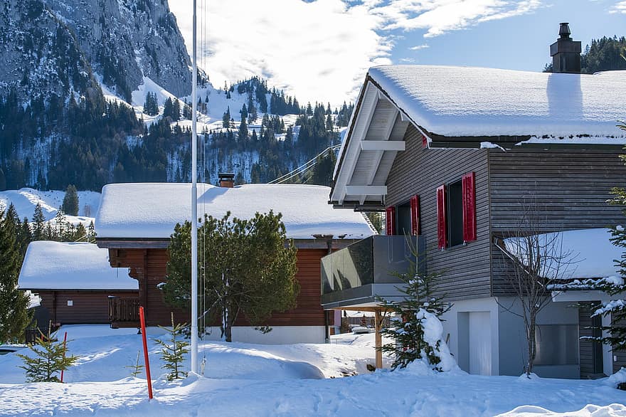 σπίτια, χωριό, χειμώνας, χιόνι, δρόμο, χιονοστιβάδα, Άλπεις, πόλη, brunni, το καντόνι του Schwyz, Ελβετία