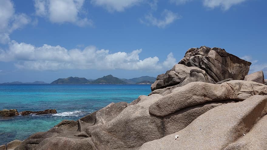 tropical, exótico, playa, rock, mar, costa, cielo azul, isla, apuntalar, agua, naturaleza